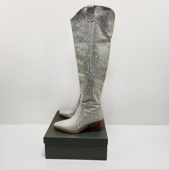 Rhinestone Embellished Silver Western Style Knee-High Boots Block Heel Size 6 - Picture 12 of 12